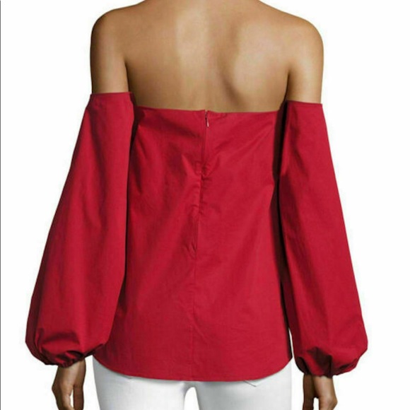 Theory Laureema Off-Shoulder light poplin crimson red blouse Size 4 - Picture 2 of 6